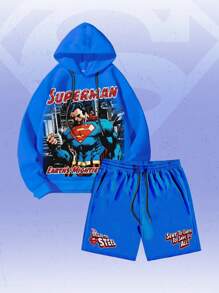 ROMWE MEN SUPERMAN X ROMWE Bộ 2 quần áo thể thao in hình anh hùng anime giản dị có dây rút cho nam - Màu xanh lam - Xem 1