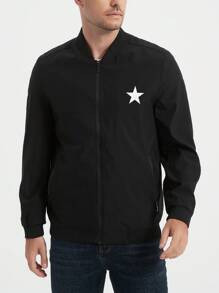 Manfinity Homme Chaqueta bomber de manga larga casual holgada con estampado de pentágono para hombres, ropa de otoño e invierno para hombres, chaqueta abrigada