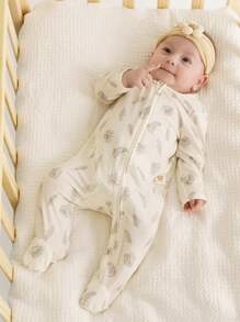 Cozy Pixies Newborn Baby Boys' & Girls' Colorful Apricot Contrast Color Knitted Footed Romper With Plant & Floral Pattern, Soft & Comfortable, Breathable, With Zipper Closure And Round Neckline. Suitable For Casual In-Home Wear All Year Round.