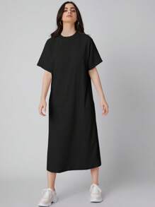 Mulvari 落肩纯色连衣裙 T 恤连衣裙 - 黑色 - 查看 5