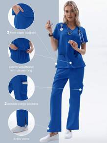 TaskEZ Set de 2 piezas de uniforme de enfermera, blusa de manga corta y pantalones para verano - azul real - Ver 2