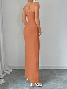 Chiquease 女士优雅 3D 花卉修身细肩带夏季连衣裙 - 駝色 - 查看 2