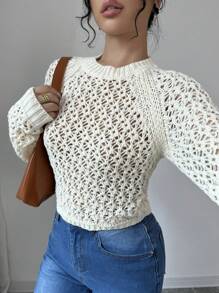 Chiquease Women's Plain Round Neck Raglan Sleeve Hollow Out Fashionable Sweater, For Spring & Autumn, Knit Pullover Fall Winter - Apricot - View 1