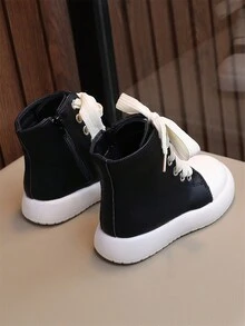 经典、时尚、可爱的中性儿童乐福鞋，轻便、缓冲、防滑、韩式防水 PU 皮革中筒靴，时尚休闲运动鞋 - 黑色 - 查看 3