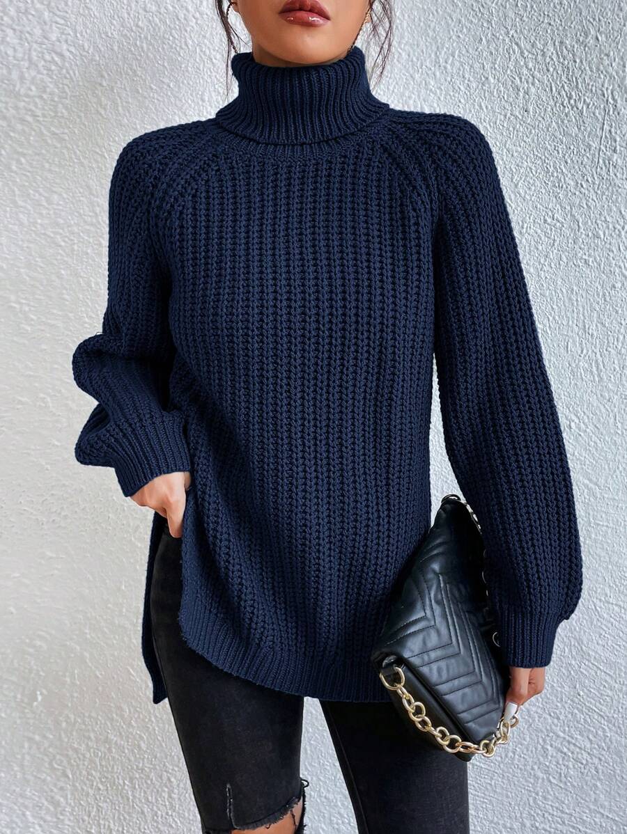 SHEIN Frenchy Áo len dài tay Raglan cổ lọ rộng rãi màu trơn cho nữ, Thu/Đông, Áo dài tay - Màu xanh hải quân - Xem 1