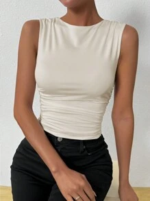 Chiquease 女士夏季纯色圆领褶皱修身吊带背心