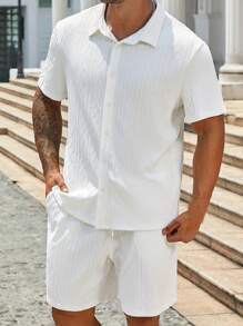 Manfinity Homme 2 件大码男士几何印花短袖衬衫和短裤休闲宽松套装 - 白色 - 查看 4