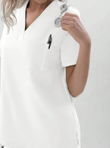 TaskEZ 1set Women Nurse Uniform Scrub Set With 1 Pocket V-Neck Top + 4 Pockets Drawstring Back Elastic Pants Set - White - View 3
