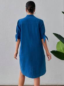 RueChic Roll Up Sleeve Coconut Button Front Shirt Dress - Navy Blue - View 4