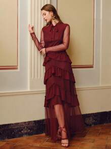 ZEYLAH DOBBY MESH TIE NECK LAYERED RUFFLE TRIM Dress