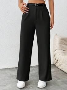SHEIN PETITE 女式休闲直筒裤（配腰带） - 黑色 - 查看 5