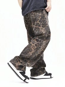 Manfinity EMRG 男士豹纹宽松牛仔裤长款洗水深色工装牛仔裤彩色派对时尚朋友外出聚会通勤学院街头 Emo 风格