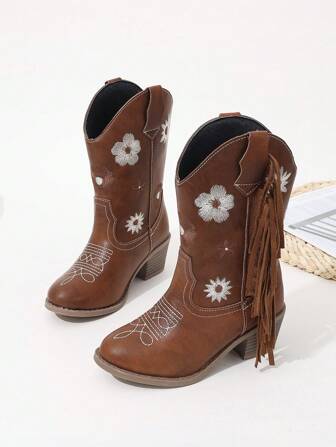 Botas de moda con parche de PU marrón, bordado asimétrico con flecos, para niñas elegantes y lindas, otoño e invierno