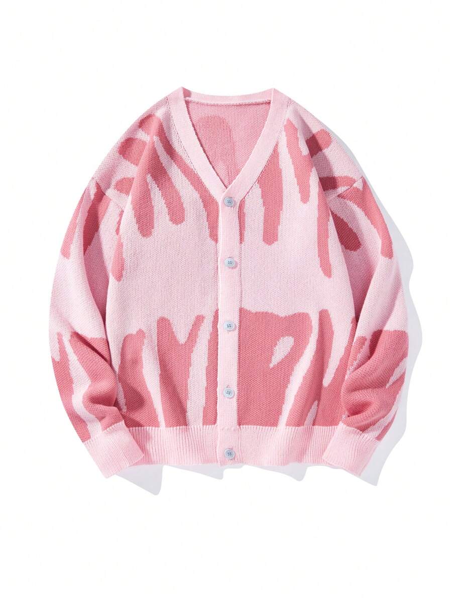 Chillumni 男士前扣长袖简约开衫，休闲日常穿着，适合秋冬 - 粉色 - 查看 1