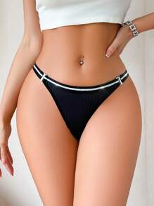 Women's Comfortable Side Snap Button Metallic Lace Trim Briefs - Black - View 5