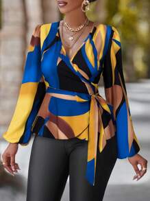 Chiquease V 领长袖全印花休闲衬衫 (随机印花) 荷叶边上衣