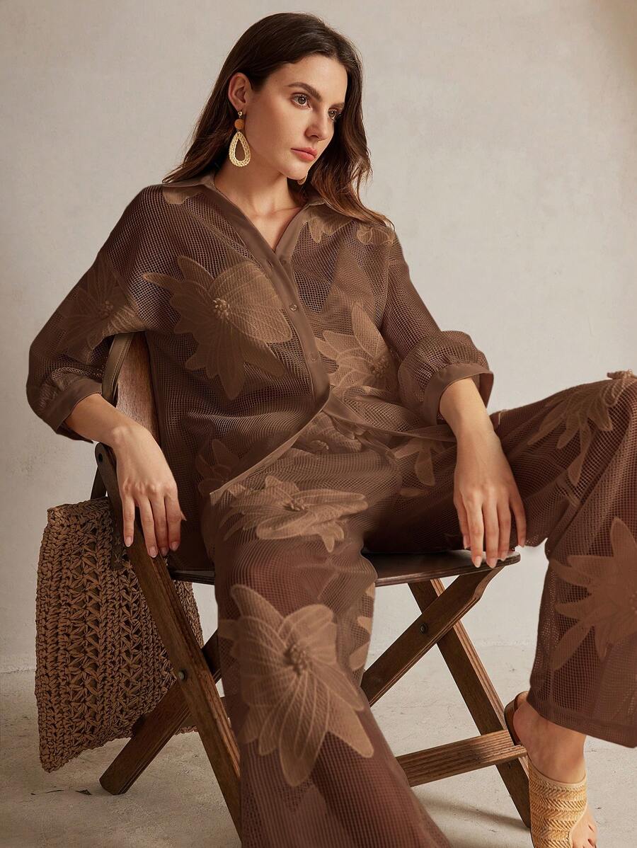 Anewsta 2件浪漫纯色镂空刺绣花卉休闲套装 - 棕色 - 查看 1