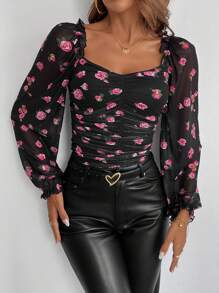 SHEIN Privé Áo thun dài tay cổ bèo nhún in hoa thanh lịch cho nữ, Xuân/Hè - Nhiều màu - Xem 4