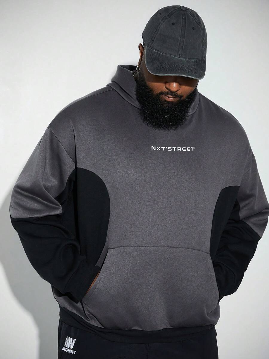 Manfinity VCAY Plus Size Men's Casual Knit Patchwork Loose Fit Hooded Sweatshirt, Suitable For Autumn And Winter - Multicolor - View 1