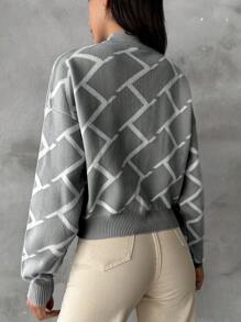 SHEIN Damski luźny sweter z długim rękawem i geometrycznym wzorem, jesień/zima