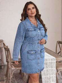 SHEIN LUNE Plus Size Women's Spring & Summer Long Sleeve Denim Dress With Multiple Pockets And Single-Breasted Design - Blue - View 6