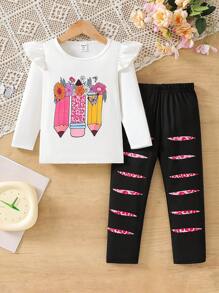 2 pezzi/Set Outfit alla moda e carino per bimbe piccole con maglietta a maniche lunghe con scollo a equipaggio e stampa a matita e pantaloni casual, primavera e autunno - Multicolore - Visualizzare 1