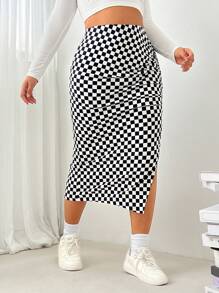 SHEIN Tall CURVE Plus Size Women Checkered Print Side Split Skirt
