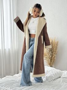 SHEIN EZwear Women's Winter Contrast Color Thermal Lined Long PU Leather Jacket - Brown - View 4