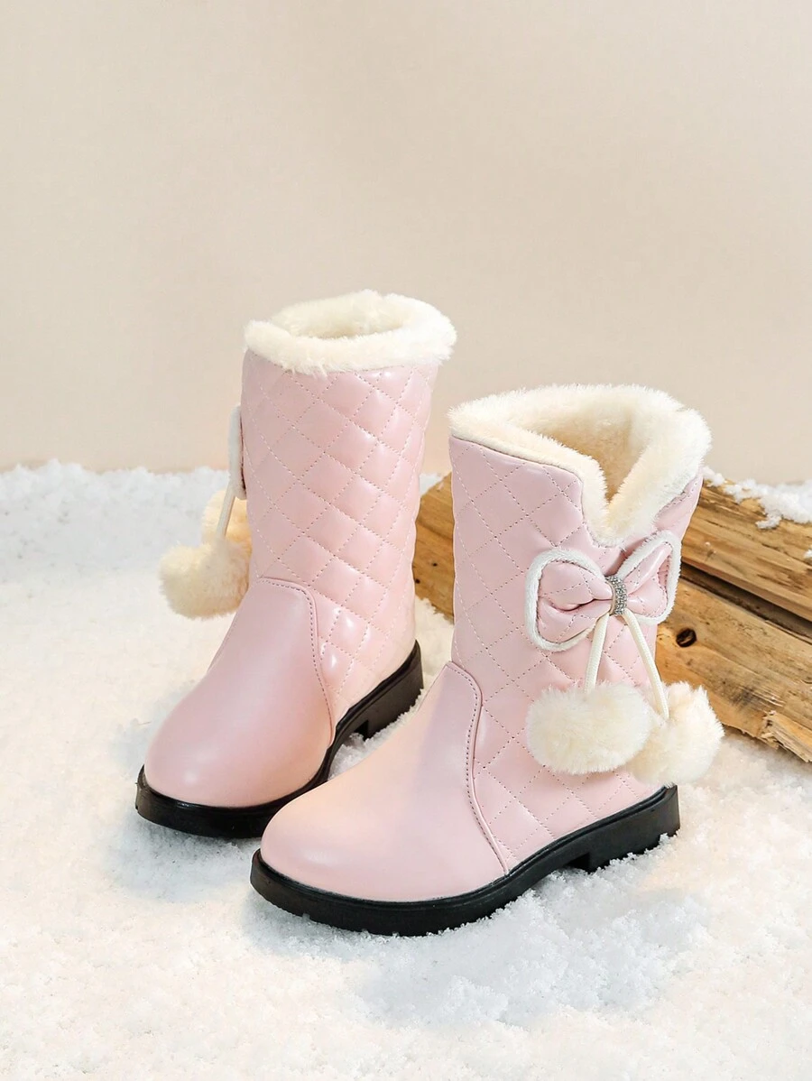 儿童靴子，女童冬季毛绒内衬皮革舒适保暖休闲户外雪地靴 - 粉色 - 查看 1