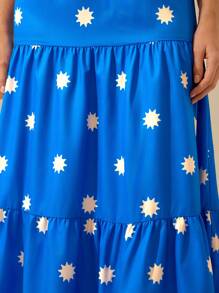 CAJUNI Women's Sun Print, Blue Patchwork Skirt, Summer Skirt For Leisure Beach