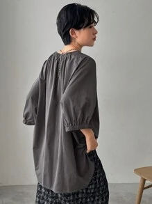 FRIFUL 女式夏季宽松休闲纯色圆领蝙蝠袖 T 恤，荷叶边 - 深灰色 - 查看 2