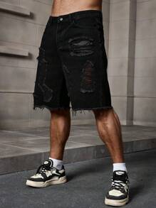 Manfinity EMRG 男士夏季休闲纯色破洞牛仔短裤 - 黑色 - 查看 4