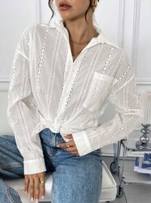 SHEIN Essnce Blusa de manga larga con calado blanco para mujer, blusa formal de oficina con cuello cisne de malla sexy