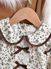 Baby Girls Floral Printed Ruffled Collar Bodysuit With Lace Trim Front Panel, Cute Designer Autumn Fashion - Apricot - View 4