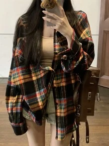 INAWLY 女士格子宽松落肩长袖休闲衬衫，春秋季，长袖上衣