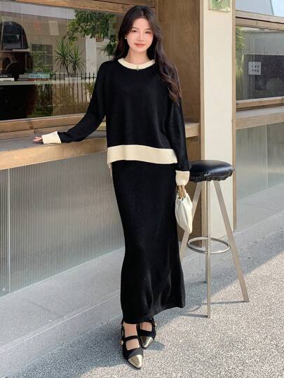 DAZY 2 件套女士秋冬拼色圆领毛衣和长款针织中裙休闲装