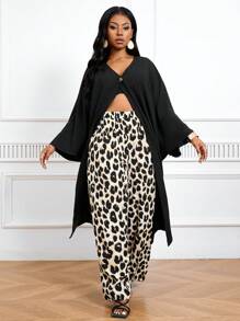 SHEIN Lady Conjunto de dos piezas con top tipo bata con abertura y pantalones con estampado de leopardo para mujer. Vestidos elegantes de fiesta de otoño 2024 - Multicolor - Ver 5