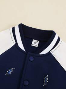 SHEIN Young Boys' Lightning Embroidery Inset-Sleeve Blue Sports Casual Outdoor Athletic Baseball Jacket, Suitable For Autumn/Winter - Blue - View 4