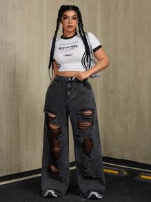 SHEIN ICON Jeans informales anchos y rotos tipo novio de talla grande para mujer - Negro - Ver 6