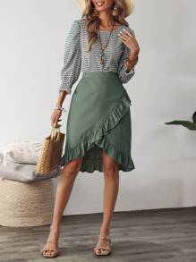 SHEIN LUNE Ruffle Trim Wrapped Denim Knee-Length Skirt - Green - View 3