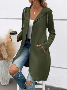 SHEIN LUNE Women's Solid Color Hooded Long Sleeve Regular Jacket In Fall/Winter - Army Green - View 1