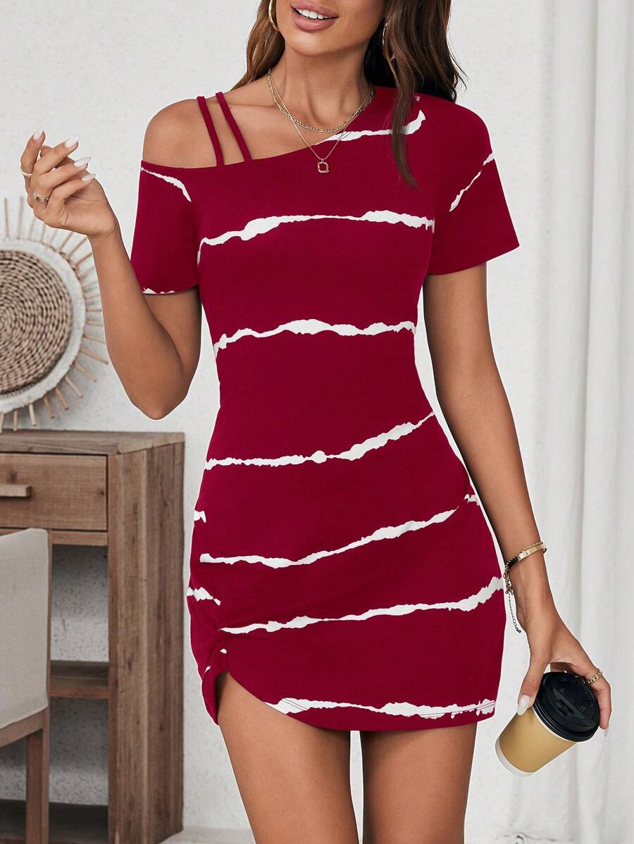 SHEIN LUNE 女士休闲不对称领口褶皱连衣裙 - 酒紅色 - 查看 1