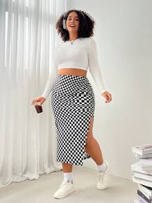 SHEIN Tall CURVE Plus Size Women Checkered Print Side Split Skirt