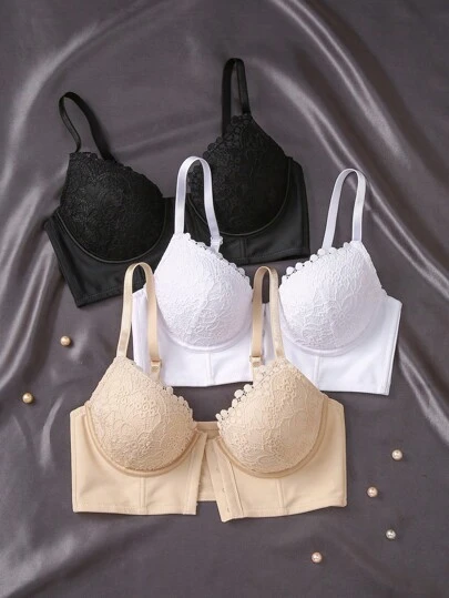 3pcs Sexy Romantic Casual Comfortable Lace Patchwork Front Clasp Lift Up Posture Corrector Adjustable Bras Set