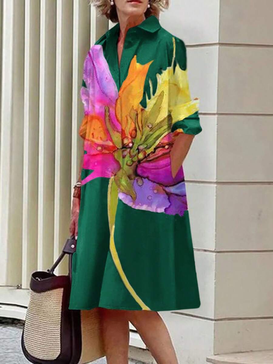 SHEIN Clasi Váy sơ mi in hoa hở trước thường ngày cỡ lớn mùa xuân/thu - Màu xanh lá cây đậm - Xem 1
