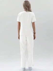 TaskEZ 1set Women Nurse Uniform Scrub Set With 1 Pocket V-Neck Top + 4 Pockets Drawstring Back Elastic Pants Set - White - View 7