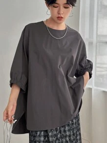 FRIFUL 女式夏季宽松休闲纯色圆领蝙蝠袖 T 恤，荷叶边 - 深灰色 - 查看 1