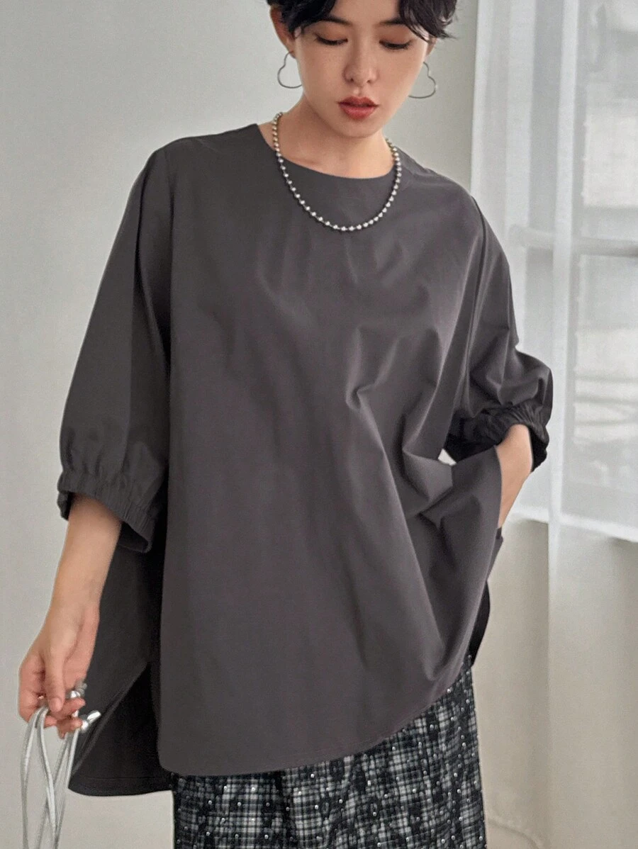 FRIFUL 女式夏季宽松休闲纯色圆领蝙蝠袖 T 恤，荷叶边 - 深灰色 - 查看 1