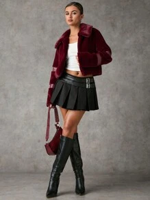 SHEIN BAE Women's Solid Long Sleeve Turndown Collar Casual Loose Fluffy Jacket, Winter Fall Women Jackets Winter Women Coat Winter Women Clothes Fur Coat Red Burgundy Women Fur Coat - Burgundy - View 7