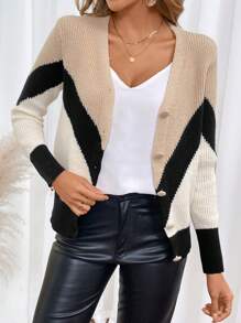 SHEIN LUNE Contrast Color Patchwork Front Button Long Sleeve Casual Cardigan Sweater Fall Cloth For Women - Khaki - View 6